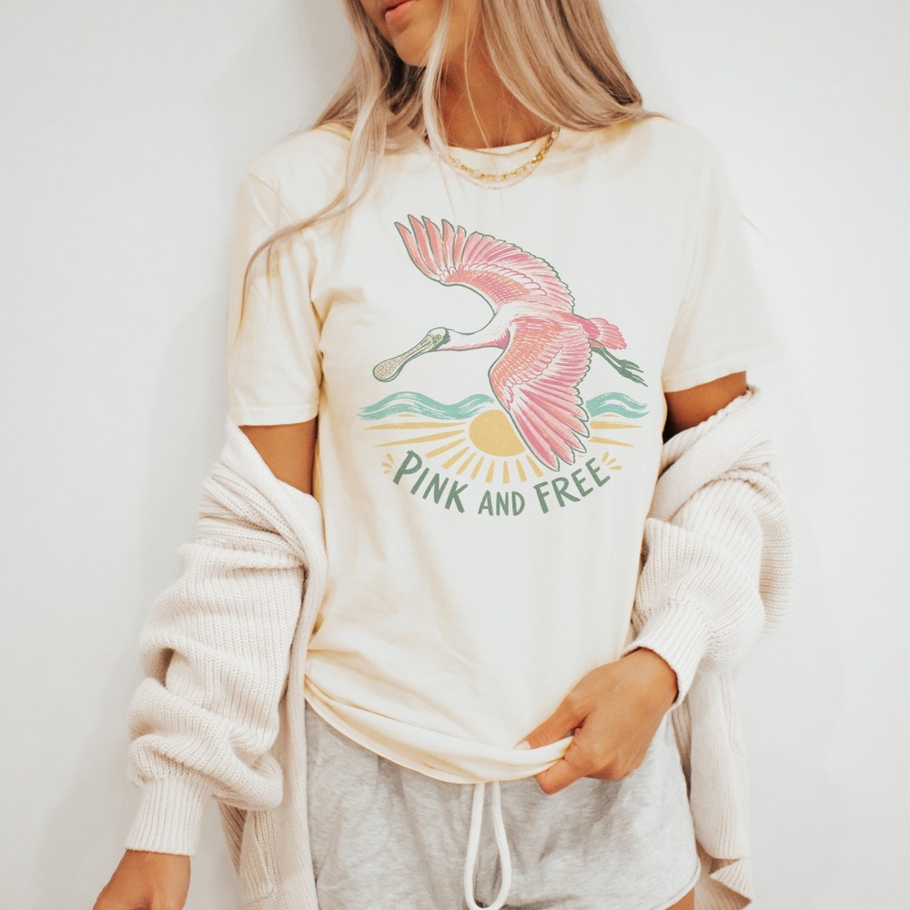 Pink and Free Linocut Style Sun and Water Graphic Tee